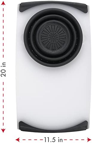 Dexas Over the Sink Poly Cutting Board with Collapsible Colander Strainer, 11.5 x 20", Natural/Gray