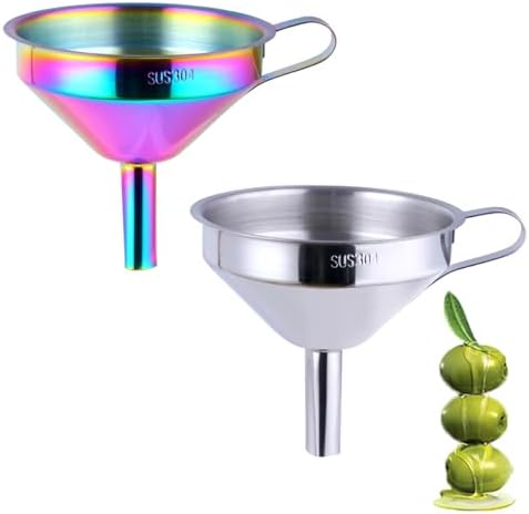 DOCBLACK Stainless Steel Funnel Set of 2, Stainless Steel Funnel with Removable Strainer and Handle, Food Grade Metal Kitchen Funnel for Fluid, Liquid, Oil, Powder Filling Bottles (Silver & Rainbow)