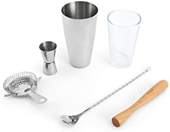 Houdini 5-piece Bar Tool Set, Includes Jigger, Muddler, Cocktail Stirrer, Boston Shaker and Strainer, Assorted