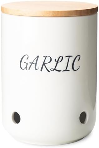 Ceramic Garlic Keeper, Garlic Storage Container, Garlic Jar, Black Text