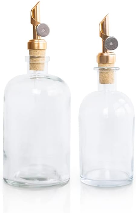 Rail19 Clear Glass Mouthwash Dispenser with Metal Pour Spout | Cooking Oil and Vinegar Dispenser - Perfect for the Bathroom, Kitchen & Tabletop, 13oz (Light Gold)