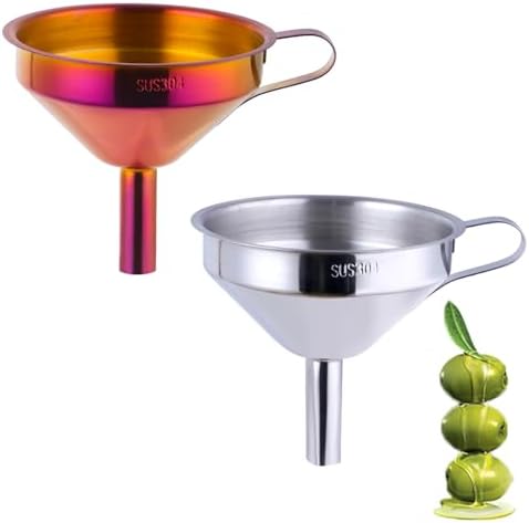 DOCBLACK Stainless Steel Funnel Set of 2, Stainless Steel Funnel with Removable Strainer and Handle, Food Grade Metal Kitchen Funnel for Fluid, Liquid, Oil, Powder Filling Bottles (Silver & SunsetRed)