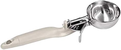 Tiger Chef Stainless steel construction 3-1/4 oz. capacity Ivory plastic Ergo handle Thumb lever NSF certified Scoop size: #10 Lever Disher (1, Ivory 3-1/4 oz.)