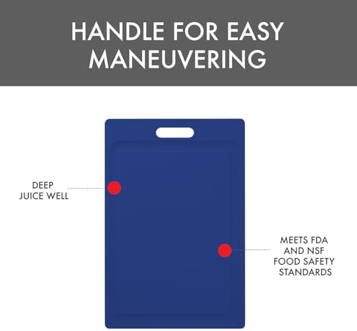 Dexas NSF Certified Polysafe Cutting Board with Handle and Juice Well, 12 x 18 inches, Reversible Kitchen Cutting Board, Blue