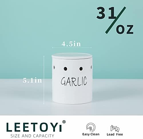 LEETOYI Ceramic Garlic Keeper with Lid, Garlic Container for Counter Easy to Clean,Garlic Saver to Keep Your Garlic Cloves Fresh Longer,Farmhouse Garlic Holder Storage Container, 31 oz White