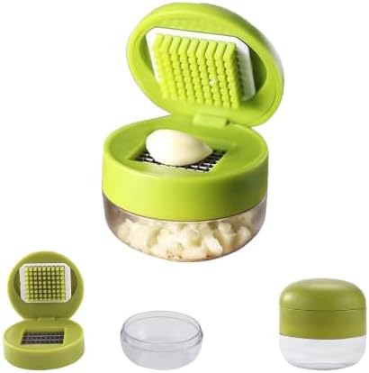 Mini Manual Garlic Twister and Crusher, Handheld Mini Garlic Chopper and Press with Container, Garlic Chopper Dicer Slicer with Stainless Steel Blades，1