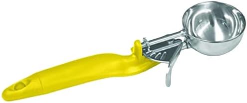 Tiger Chef Stainless steel construction 1-5/8 oz. capacity Yellow plastic Ergo handle Thumb lever NSF certified Scoop size: #20 Lever Disher (1, Yellow 1-5/8 oz.)