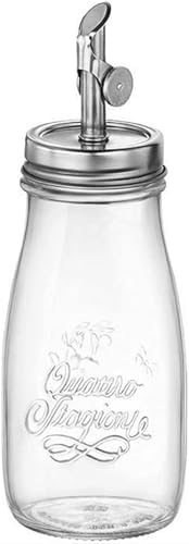 Bormioli Rocco Quattro Stagioni Oil Dispenser - 13.5 Oz. Glass Jar with Stainless Steel Pour Spout, Vintage Emboss for Oil, Vinegar & Flavored Oils - Microwave & Dishwasher Safe Kitchen Bottle