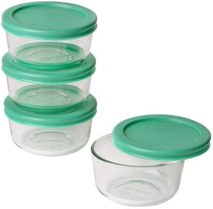 Pyrex 7202 (1-Cup) Glass Bowls with Green Lids (4-Pack) - Made in USA | BPA-Free Plastic | Snug Fit | Top-Rack Dishwasher Safe | Refrigerator & Freezer Safe