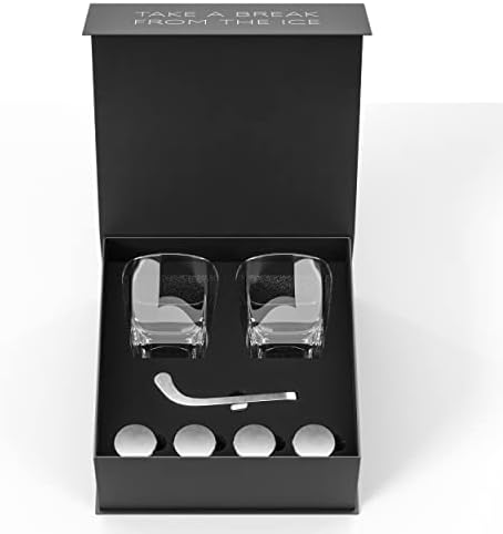 Whiskey Stone Set 7pcs | 4 Hockey Puck Whiskey Stones with Cooling Gel Interior | Hockey Stick Tongs, Elegant Glasses Gift Set | Father's Day Gift