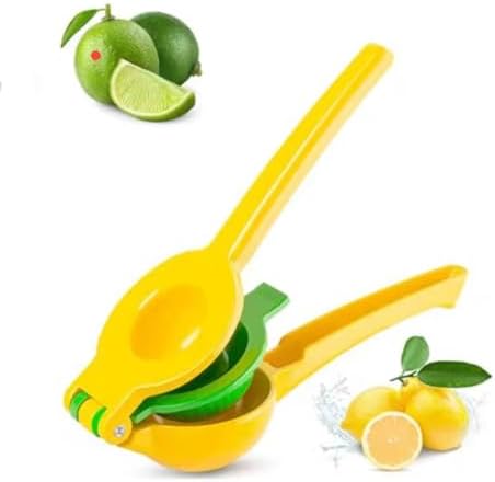 Lemon Squeezer Metal 2-In-1 Manual Citrus Juicer, Max Juice Extraction, Gets Every Last Drop, Easy to Clean, Durable Aluminum Hand Press for Lemon & Lime, Yellow, JBK