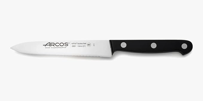 Arcos Paring Knife 5 Inch Stainless Steel. Serrated Tomato Knife for Cutting and Chopping. Ergonomic Polyoxymethylene Handle and 130mm Blade. Series Universal. Color Black