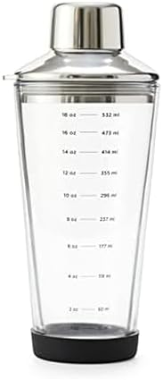 Rabbit 18 oz Glass Cocktail Shaker with Printed Measurements, Multi-Use Stainless Steel Topper with 1.5 oz Jigger Cap and Strainer, 3.94 x 3.54 x 9.06 IN