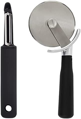 Gorilla Grip Swivel Vegetable Peeler and Pizza Cutter Wheel, Peeler is Dishwasher Safe,Pizza Cutter is Rust Resistant, Both in Black Color, 2 Item Bundle