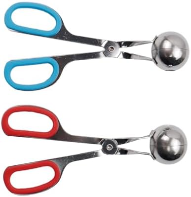 2 Pcs Meatball Maker Tongs None-Stick Meatball Maker Stainless Steel Meat Ballers Scoop Ball Maker Ice Tongs for Meat, Cake Pop, Ice Cream Scoop, Fruit, Cookie Dough, Melon -Red & Blue（M Size）