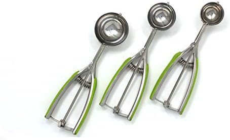 Millvado 3 Pack Stainless Steel Ice Cream and Cookie Scoops | With Green Rubber Grips – Spring Loaded Lever Design – For Sorbet, Melon, Meatballs, Muffins, and More – Includes 1 Oz, 2 Oz, 3 Oz Scoop