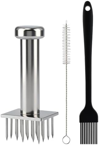 Stainless Steel Meat Tenderizer Tool with 18 Sharp Needles, Marinating Prep Tool with free cleaning brush, Durable Meat Mallet Hammer for Tenderizing Steak, Beef, Chicken, Pork(Silver)