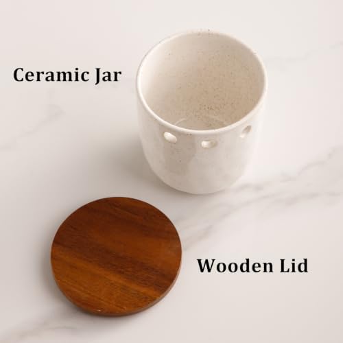 Garlic Keeper with Wood Lid, Ceramic Garlic Saver, Large Garlic Holder