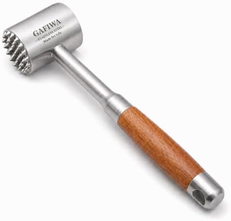Stainless Steel Meat Tenderizer Tool, Heavy Duty Meat Mallet Hammer with Ergonomic Non-Slip Handle, Dual-Sided Meat Pounder for Steak, Chicken, Pork, Beef, Dishwasher Safe Kitchen Tool. (Wood Handle)