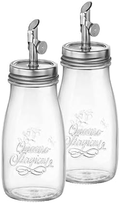 Bormioli Rocco 13.5 oz Quattro Stagioni Oil Dispenser, Set of 2 – Lead-Free Glass Bottles with Weighted Pour Spout for Oil, Vinegar, Syrup & Cocktail Mixers, Durable Kitchen & Bar Containers