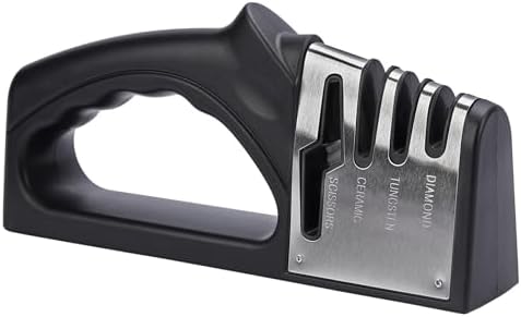 4-in-1Manual Knife Sharpener Suitable for kitchen knives, fruit knives, steel knives, scissors, and 3-level precision sharpening.Non slip base, suitable for home use (black) (1)