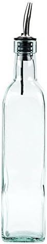 Tablecraft H9085 Glass Oil And Vinegar Cruet, Olive Oil Dispenser With Stainless Steel Spout, Slight Green Tint, 8.5 Ounce