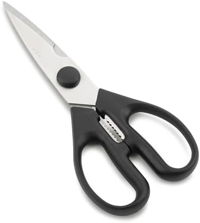 ARCOS Kitchen Scissors 8 Inch Nitrum Stainless Steel and 195 mm blade. 154 gr. Ergonomic Polyoxymethylene POM Handle. Series Prochef. Smooth edge and stylish wooden handle. Color Black.
