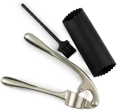 Heavy Duty Garlic Press with Zinc Alloy Handle & Stainless Steel Chamber, 61 Holes Garlic Mincer & Crusher, No Peeling Required, Includes Silicone Garlic Peeler & Cleaning Brush, Silver