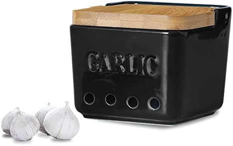 ONTUBE Garlic Keeper with Lid, Ceramic Garlic Holder Storage 4.7-Inch (Black)