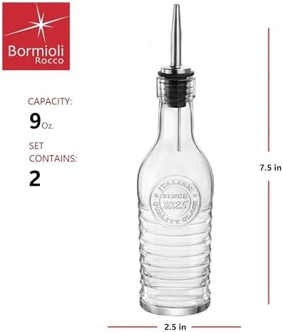 BORMIOLI ROCCO Officina 1825 Olive Oil/Vinegar Glass Bottles Stainless Steel Pouring Spout 268 ml (Pack of 2)