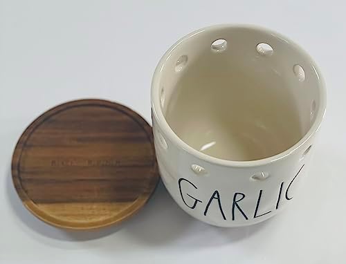Rae Dunn by Magenta Ceramic GARLIC Keeper Wood Lid 4.5" Tall 4" Diameter