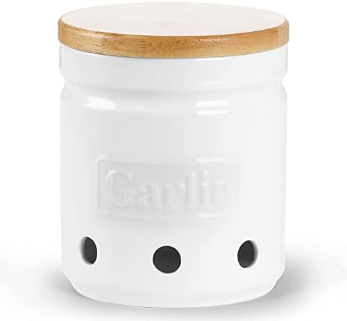 ONTUBE Garlic Keeper with Wooden Lid, 4.5-Inch Ceramic Garlic Holder 24oz (White)