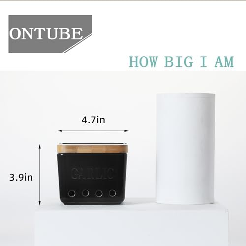 ONTUBE Garlic Keeper with Lid, Ceramic Garlic Holder Storage 4.7-Inch (Black)