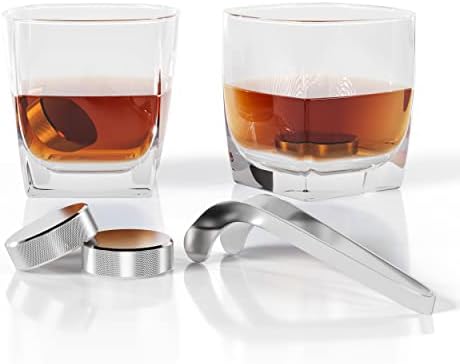 Whiskey Stone Set 7pcs | 4 Hockey Puck Whiskey Stones with Cooling Gel Interior | Hockey Stick Tongs, Elegant Glasses Gift Set | Father's Day Gift