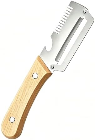 3-in-1 Vegetable Peeler Julienne Slicer with Bottle Opener, Stainless Steel Kitchen Tool with Natural Wood Handle for Fruit Vegetable Meal Prep (Wood)