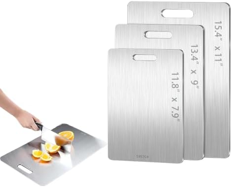 Stainless Steel Cutting Board Set of 3-2 Sided Metal Cutting Boards for Kitchen, Non Plastic 304 Stainless Steel Chopping Board for Meat Fruit Vegetables, 15"x11", 13.4"x9", 11.8"x7.9