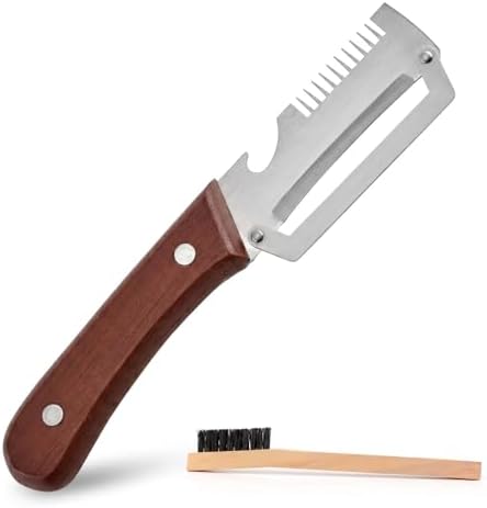 3-in-1 Peeler with Wooden Handle, Stainless Steel Blade, Multifunctional Vegetable Peeler, Julienne Slicer and Bottle Opener, Cleaning Brush