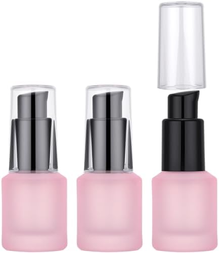 Segbeauty 0.5oz Frosted Glass Lotion Pump Bottles, 3pcs Refillable Travel Size Containers for Lotions, 15ml Pink Glass Small Travel Containers for Creams, Mini Hair Oil Bottle Pump Dispenser Empty
