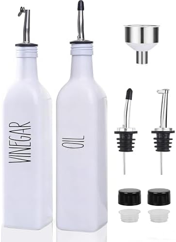 Glass Oil Dispenser for Kitchen, White Olive Oil Dispenser Bottle & Vinegar Dispenser Set, 17 oz Borosilicate Glass Cooking Oil Container, Oil Bottle with Leak-Proof Spout，