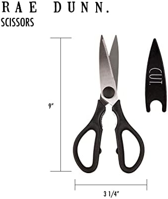 Rae Dunn Kitchen Scissors- Stainless Steel Kitchen Shears, Cooking Scissors for Cutting Meat, Chicken, Herbs and Produce with Blade Cover and Soft Grip Handles (Black)