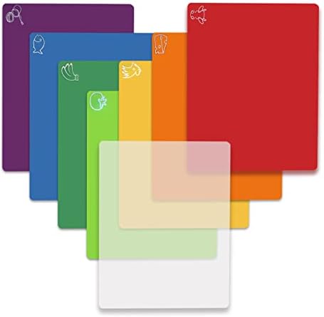 Cutting Board Mats Flexible Plastic Colored Mats with Food Icons, Fotouzy BPA-Free, Non-Porous, Anti-skid back and Dishwasher Safe, Set of 7+1 8 Pieces