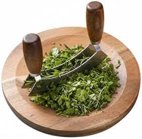 Salad Chopper With Round Wood Cutting Board - Mezzaluna Knife with Protective Cover and Anti-Slip Handle Stainless Steel Chopper Vegetable Cutter Onion Chopper Mincing Knife Pizza Cutter