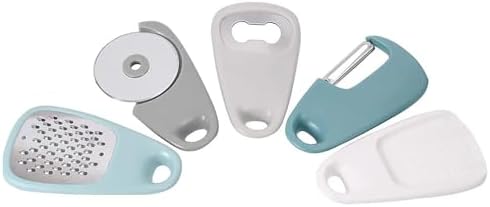 TopHomer Kitchen Gadgets Set 5 Pcs, Cheese Grater, Pizza Cutter, Bottle Opener, Vegetable Peeler,Garlic/Ginger Grinder, for Travel, Camping