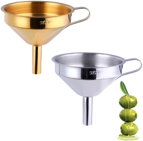 DOCBLACK Stainless Steel Funnel Set of 2, Stainless Steel Funnel with Removable Strainer and Handle, Food Grade Metal Kitchen Funnel for Fluid, Liquid, Oil, Powder Filling Bottles (Silver & Gold)