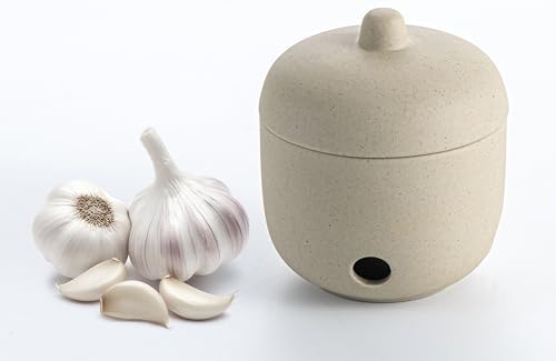 Ceramic Garlic Keeper,Garlic Storage with Lid,Garlic Holder,Beige,Small