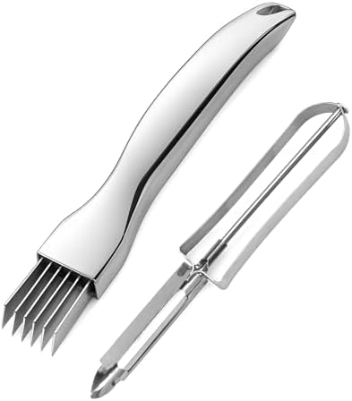 Stainless Steel Scallion Cutter and Vegetable Peeler Set, Professional 7-Blade Onion Slicer for Shred Silk Garnish, Heavy Duty Metal Fruit Peeler for Kitchen, Dishwasher Safe