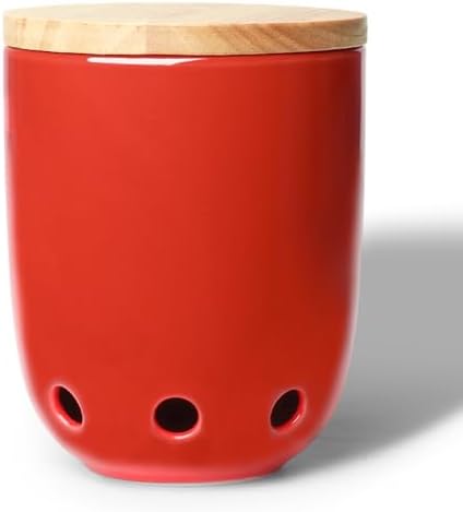 LEETOYI Ceramic Garlic Keeper for Counter, Garlic Holder with Wood Lid (Red)