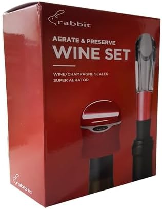 Rabbit Aerate and Preserve Wine Set, Wine/Champagne Sealer and Super Aerator (Red), Standard