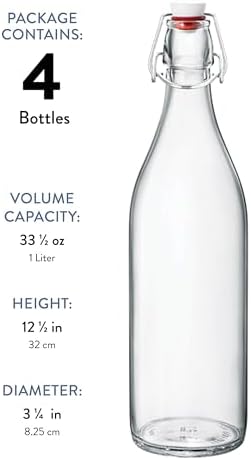 Bormioli Rocco Giara Swing Top Bottles 33 ¾ Ounce-4 Pack Round Clear Glass Grolsch Flip Top Bottle With Stopper, for Beverages, Smoothies, Kefir, Beer, Soda, Juicing, Kombucha, Water, Milk and Vinegar