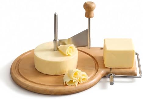 2-in-1 Cheese Slicer, Cheese Board with Curler and Wire Slicer, Thick Beech Wood Cheese Serving Board Set with Stainless Steel Blade, Countertop Girolle Cheese Shaver for Entertaining, 11.6 Inch